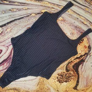 Grey Velvet Ribbed Square Neck Thong Bodysuit